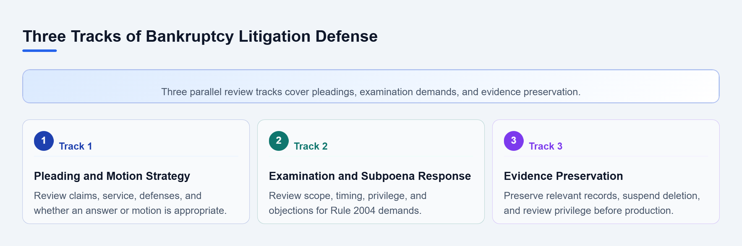 Diagram: Three parallel defense tracks address complaint strategy, Rule 2004 and subpoena review, and preservation of records and privilege.