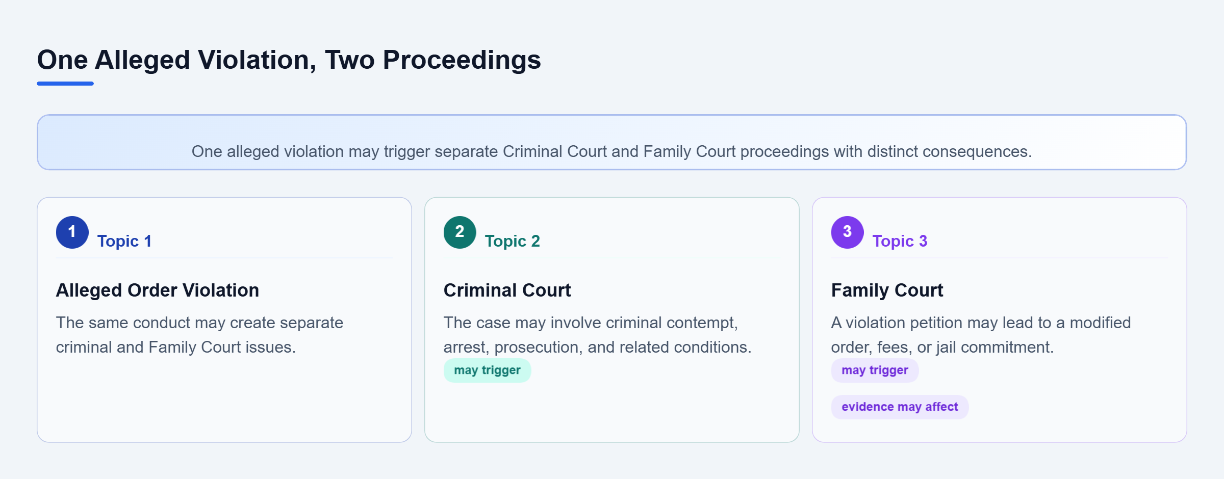 Diagram: An alleged order violation may lead to criminal contempt proceedings and a separate Family Court violation case, with evidence relevant across both matters.