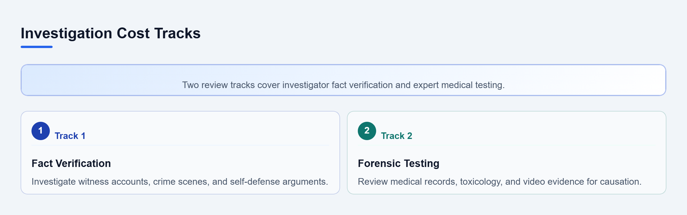 Diagram: Vertical checklist flow showing private investigation and forensic expert review tracks.