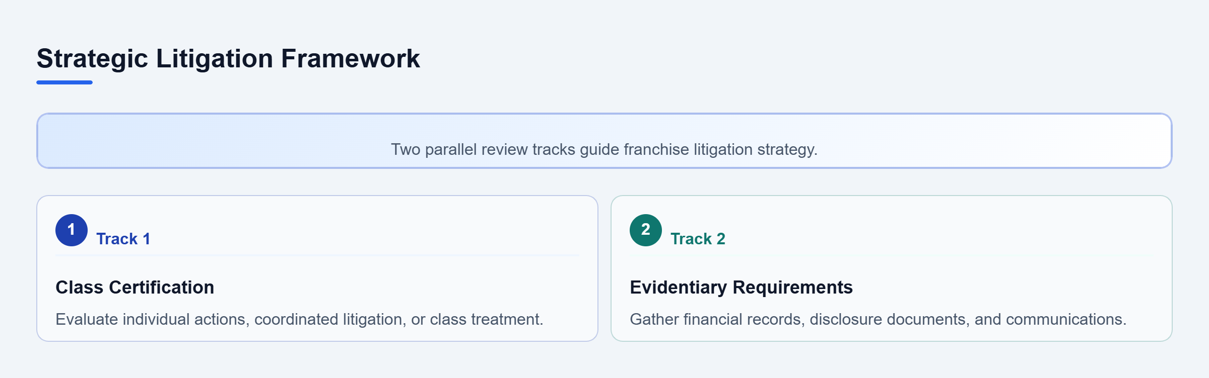 Diagram: Parallel review tracks covering class certification and evidentiary requirements.