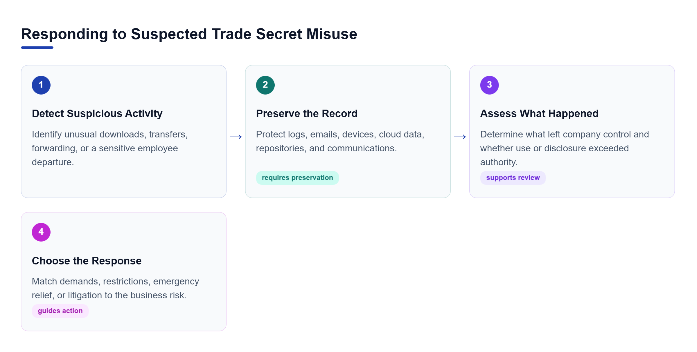 Diagram: Process from detecting suspicious activity to preserving records, assessing what was taken and used, and choosing a response based on business risk.