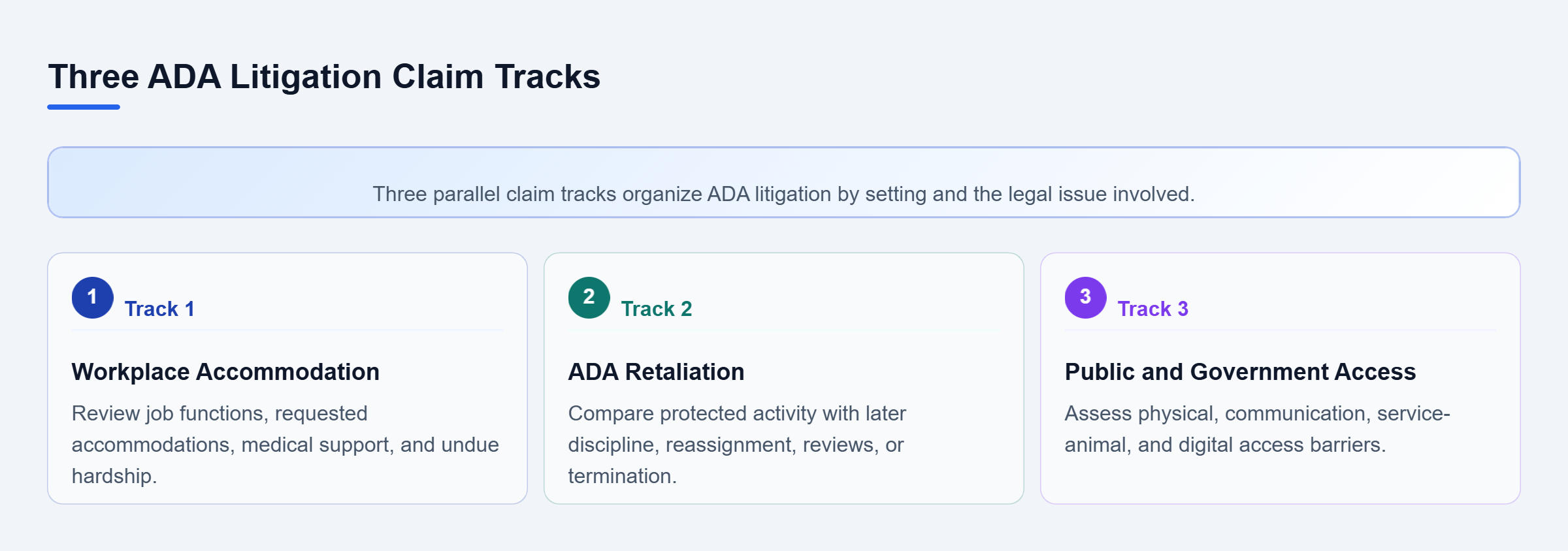 Diagram: Three ADA claim tracks cover workplace accommodation and discrimination, retaliation after protected activity, and public or government access barriers.