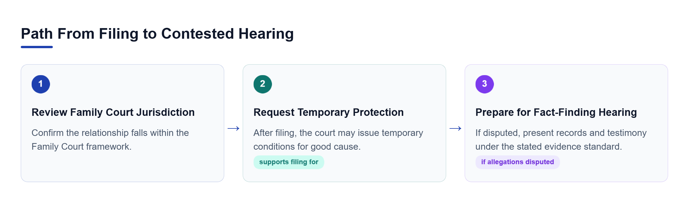 Diagram: Flow showing Family Court jurisdiction review, a possible temporary order after filing, and a fact-finding hearing if the respondent disputes the allegations.