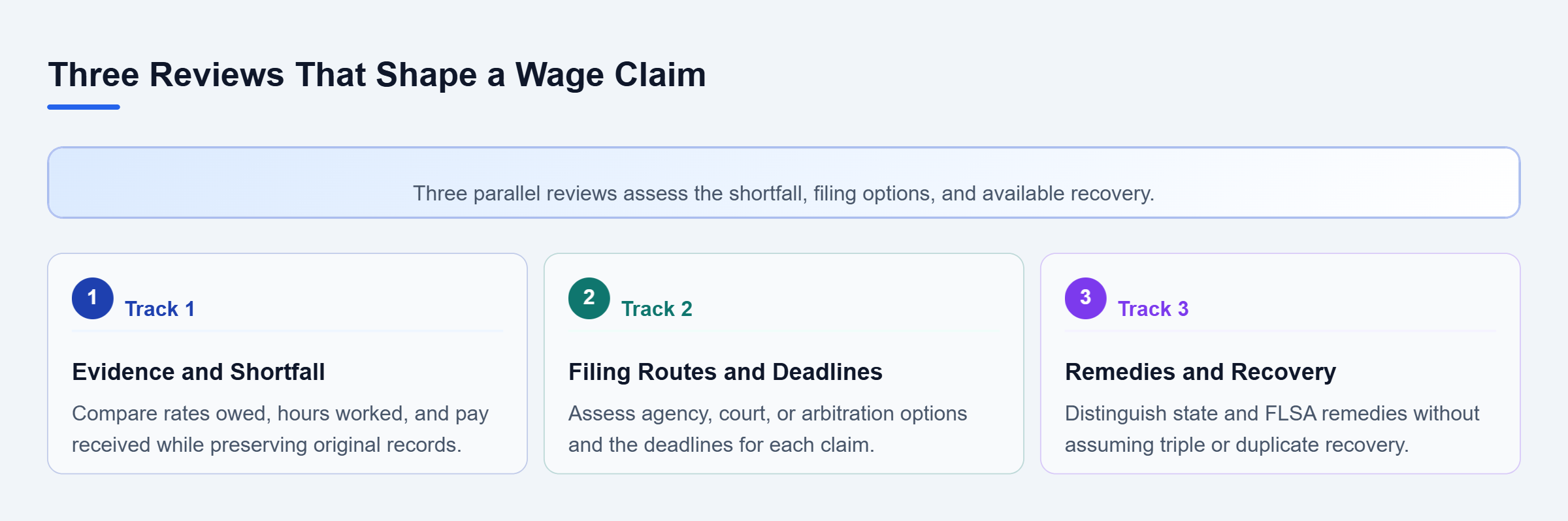 Diagram: Parallel reviews connect pay records to shortages, assess filing routes and deadlines, and distinguish remedies without duplicating recovery.