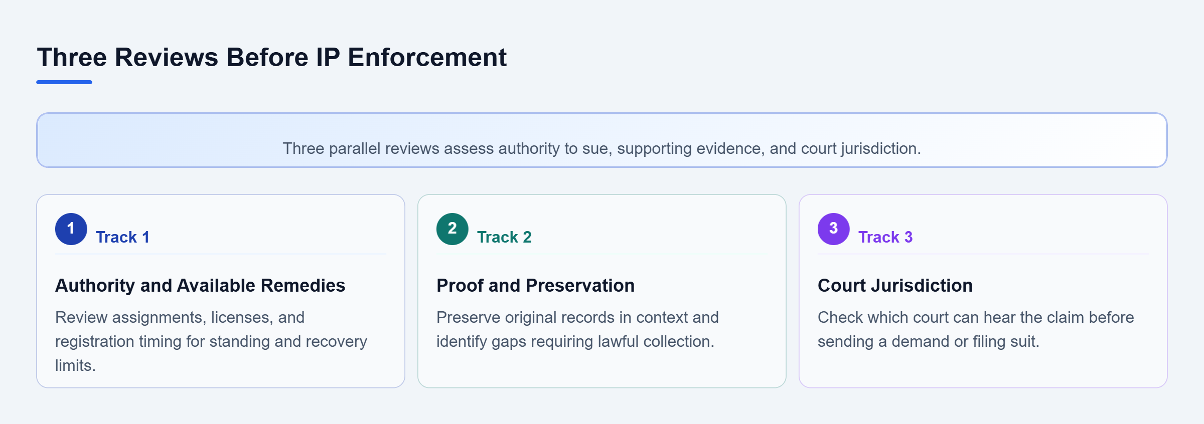 Diagram: Parallel reviews check ownership and registration, preserved evidence, and court jurisdiction before a demand or lawsuit.