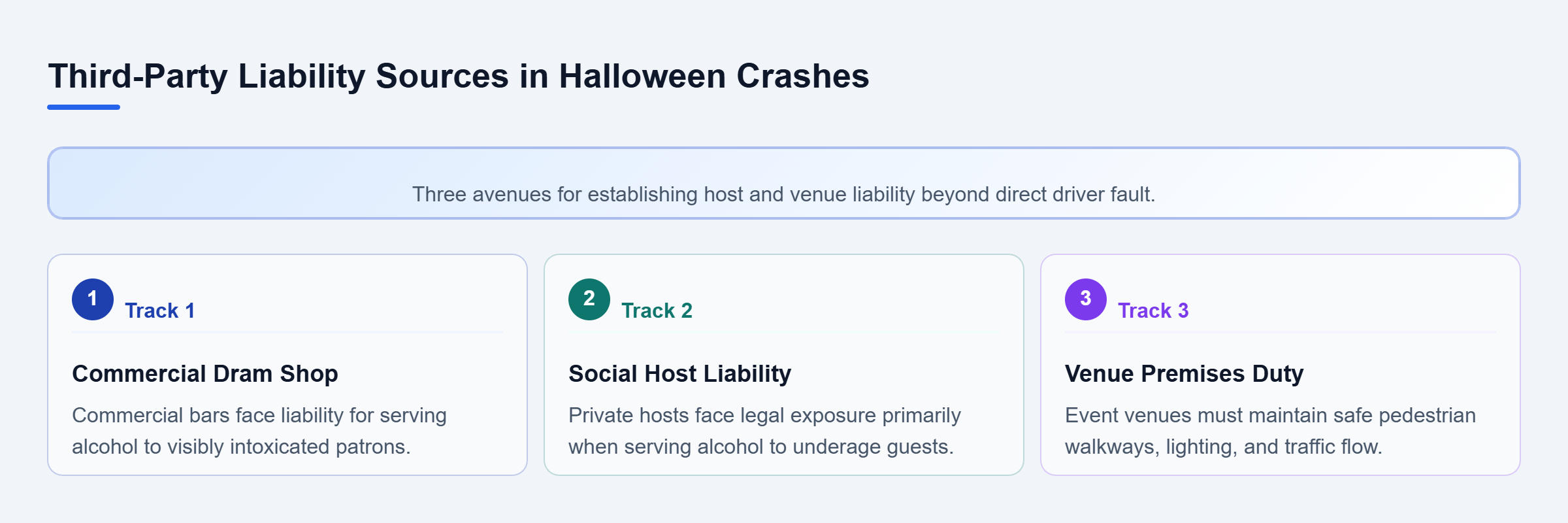 Diagram: Parallel liability tracks covering commercial dram shop claims, social host rules for minors, and venue traffic safety duties.