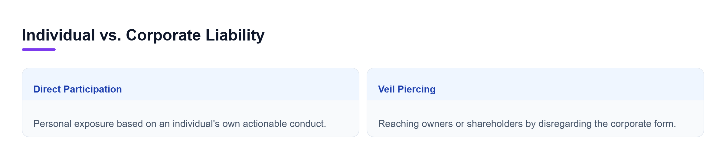 Diagram: Comparison of direct individual liability and corporate veil-piercing standards.