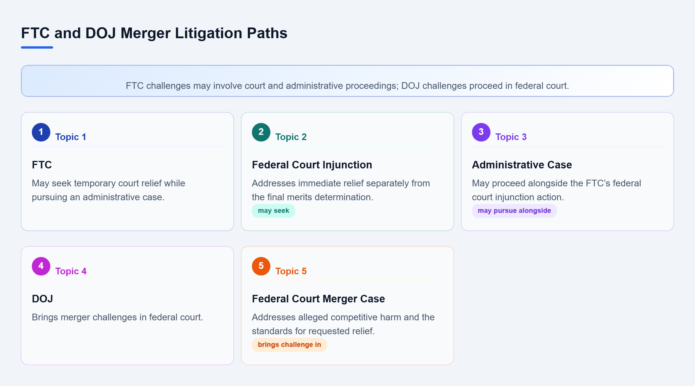 Diagram: The FTC may seek a federal court injunction while pursuing an administrative case; DOJ merger challenges proceed in federal court.