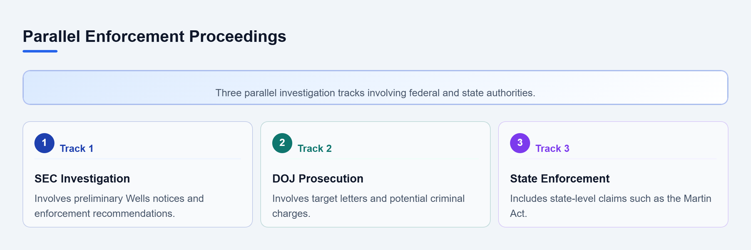Diagram: Vertical checklist flow showing SEC, DOJ, and state enforcement investigation tracks.