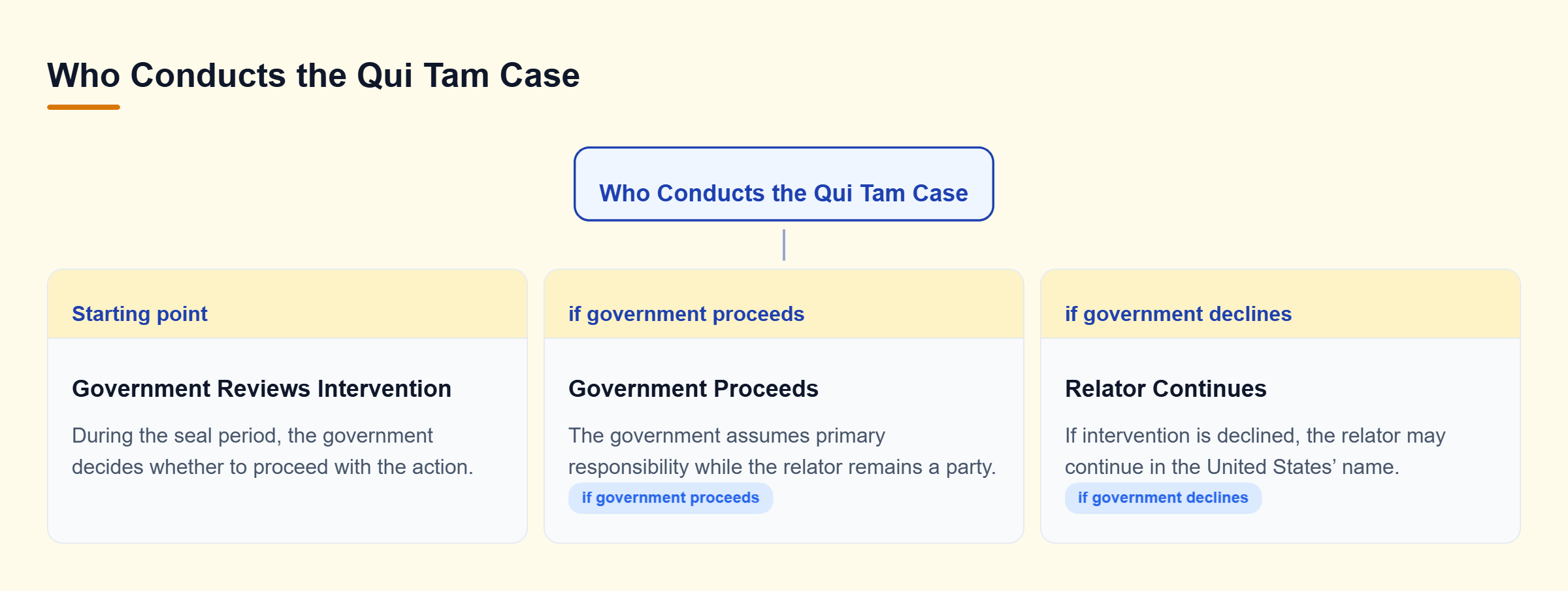 Diagram: A decision tree shows the government either taking primary responsibility for the case or declining, which allows the relator to continue the action.