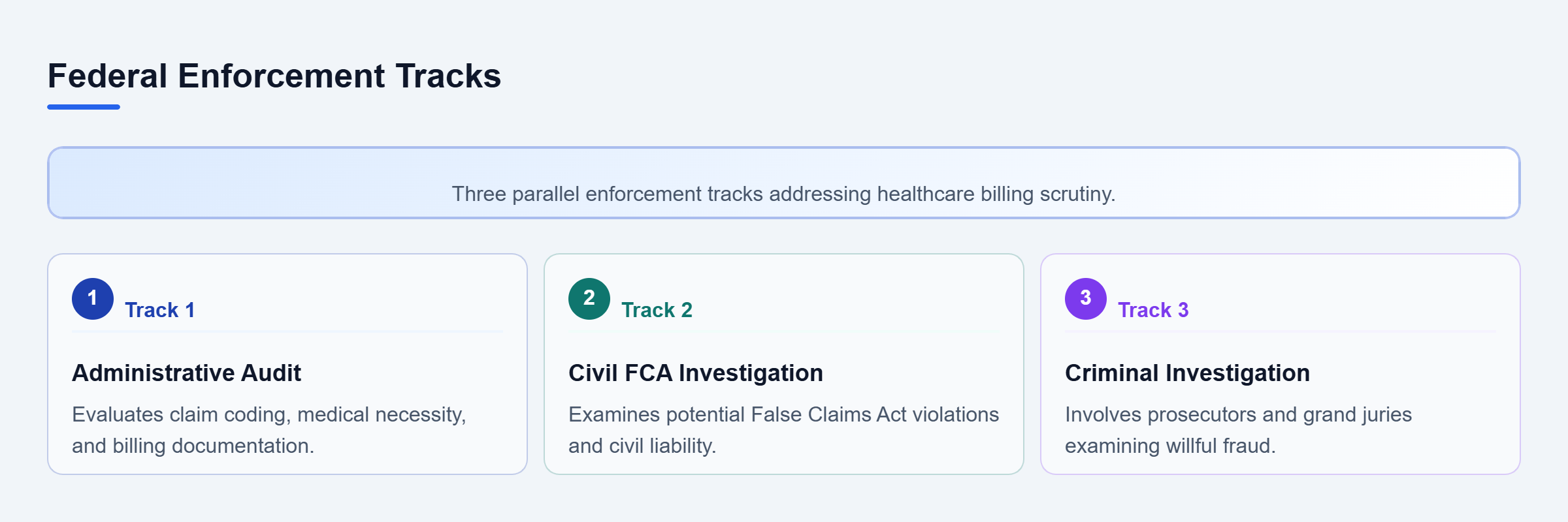 Diagram: Three parallel enforcement tracks including administrative audits, civil False Claims Act investigations, and criminal proceedings.