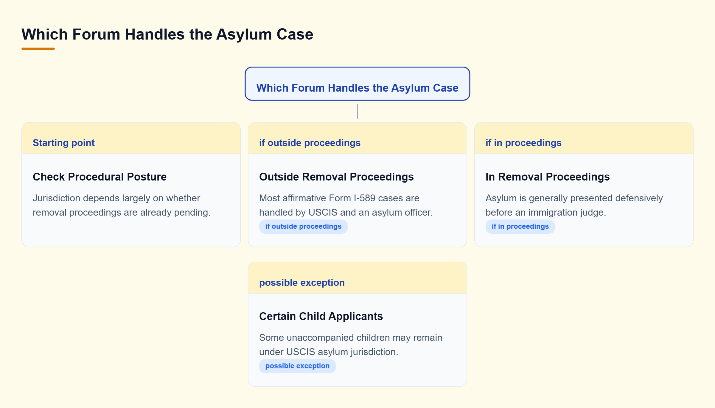 Diagram: A decision tree shows affirmative cases generally going to USCIS, defensive cases to immigration court, with some unaccompanied children remaining under USCIS jurisdiction.