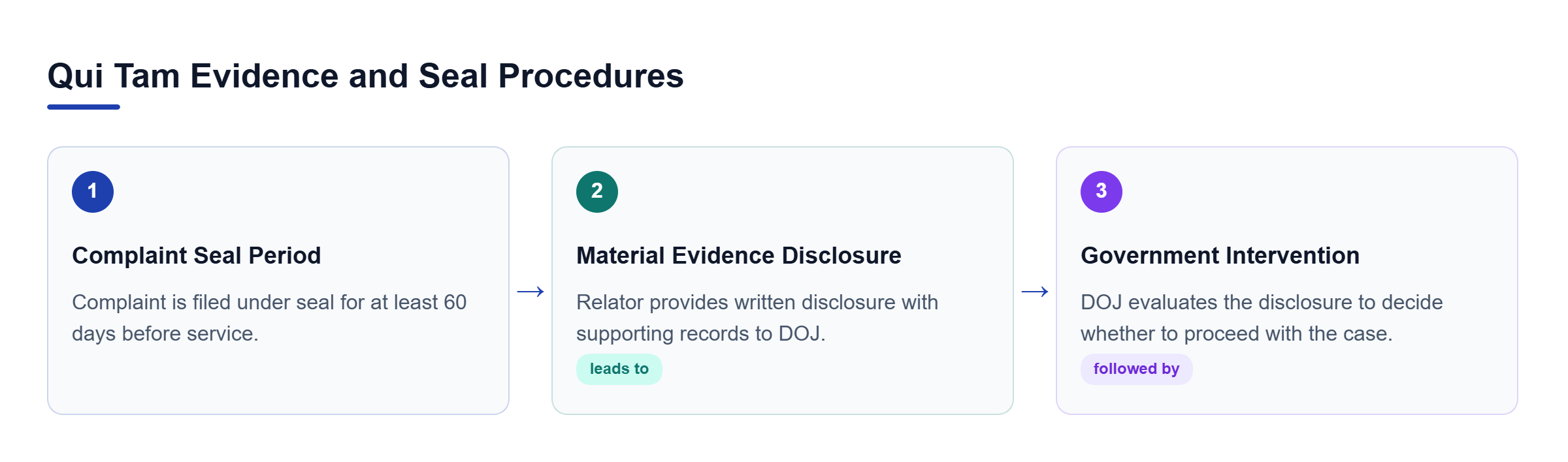 Diagram: Process flow showing complaint sealing, material evidence disclosure, and government intervention stages.