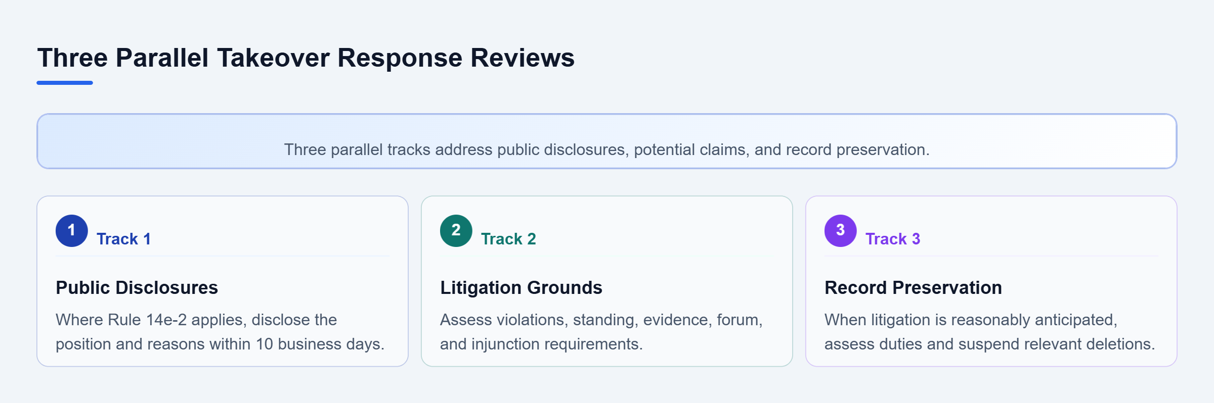 Diagram: Parallel reviews cover applicable tender offer disclosures, grounds for litigation, and preservation when litigation is reasonably anticipated.