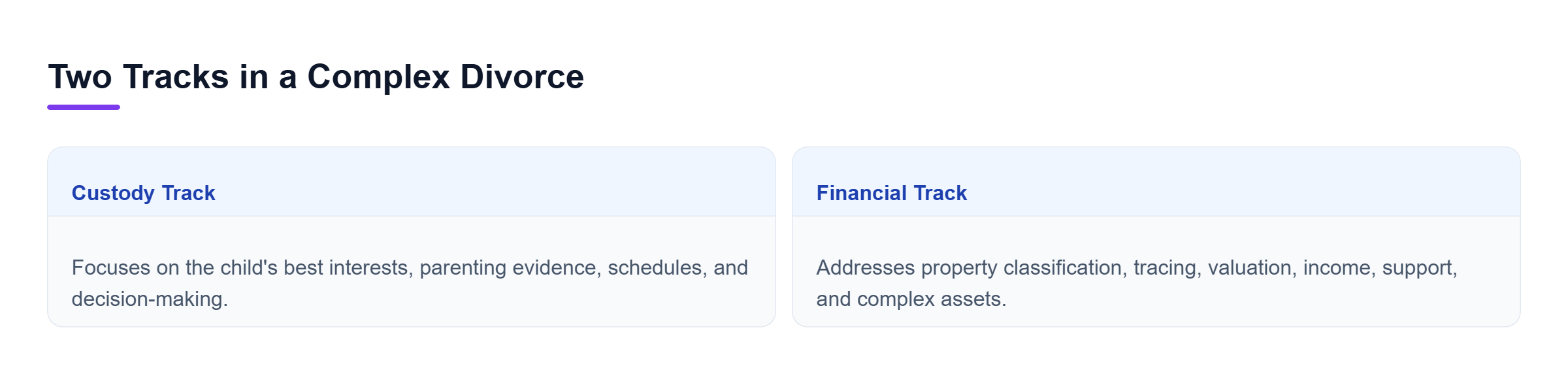Diagram: Comparison of the custody track, focused on the child's best interests, and the financial track, focused on property, support, tracing, and valuation.