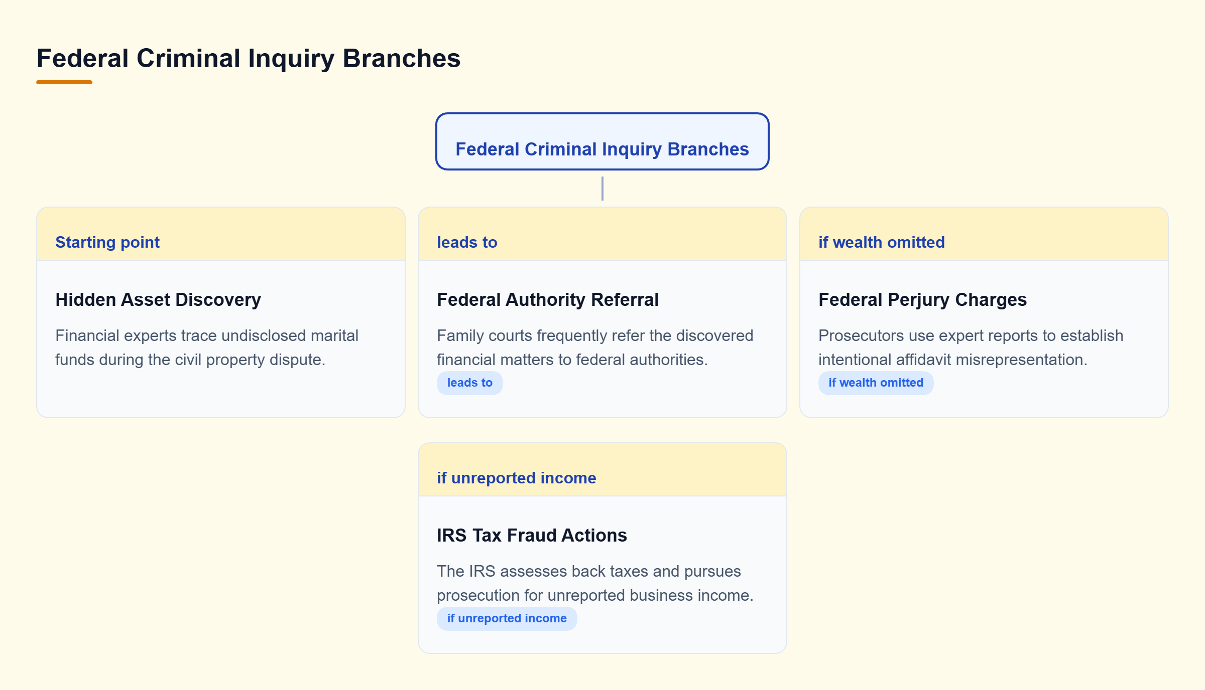 Diagram: A decision tree showing hidden asset discovery leading to federal referral, which branches into perjury charges or IRS tax fraud investigations depending on the violation.