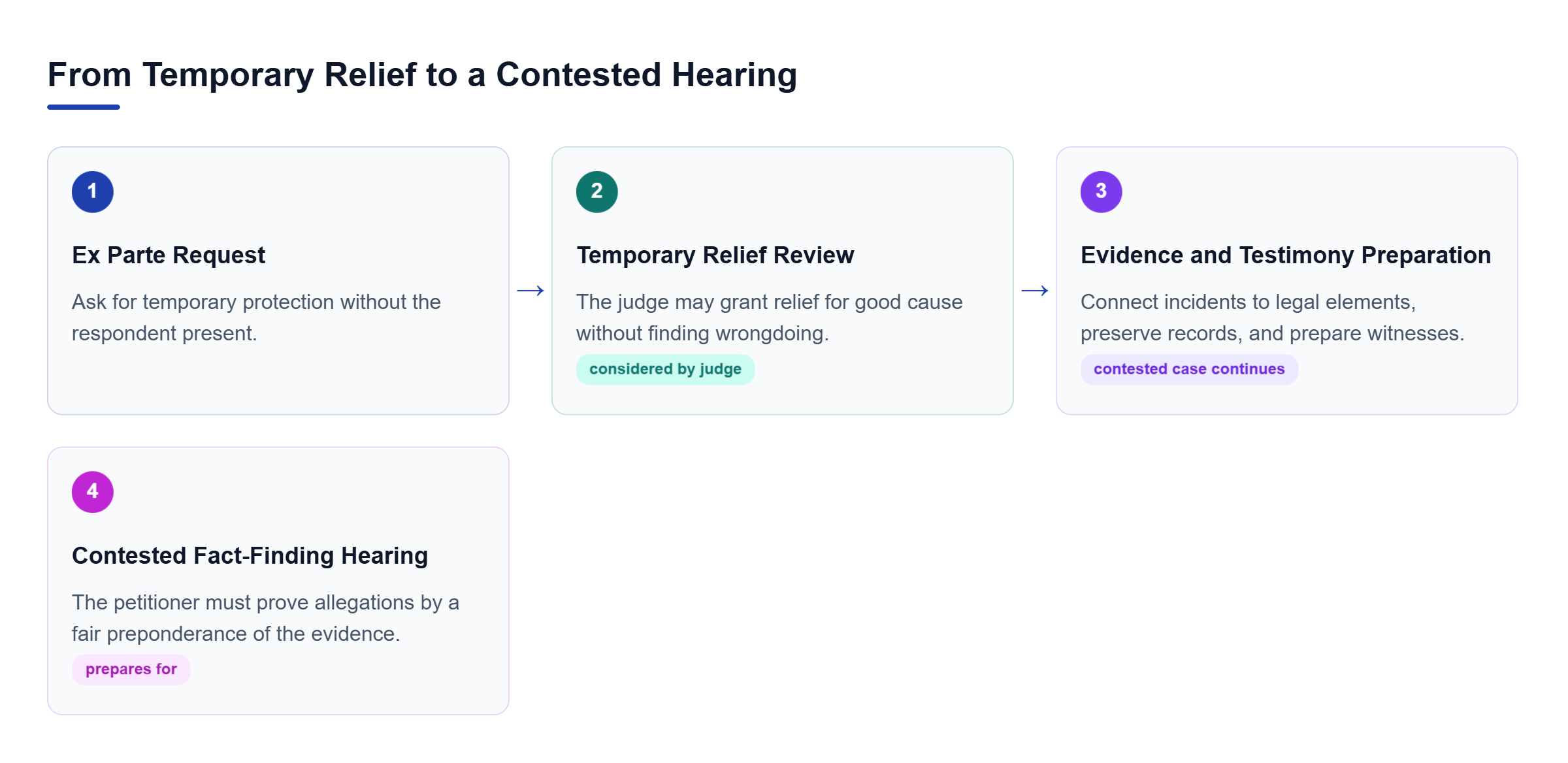 Diagram: An ex parte request leads to temporary review, followed by evidence preparation and a contested hearing using the fair preponderance standard.