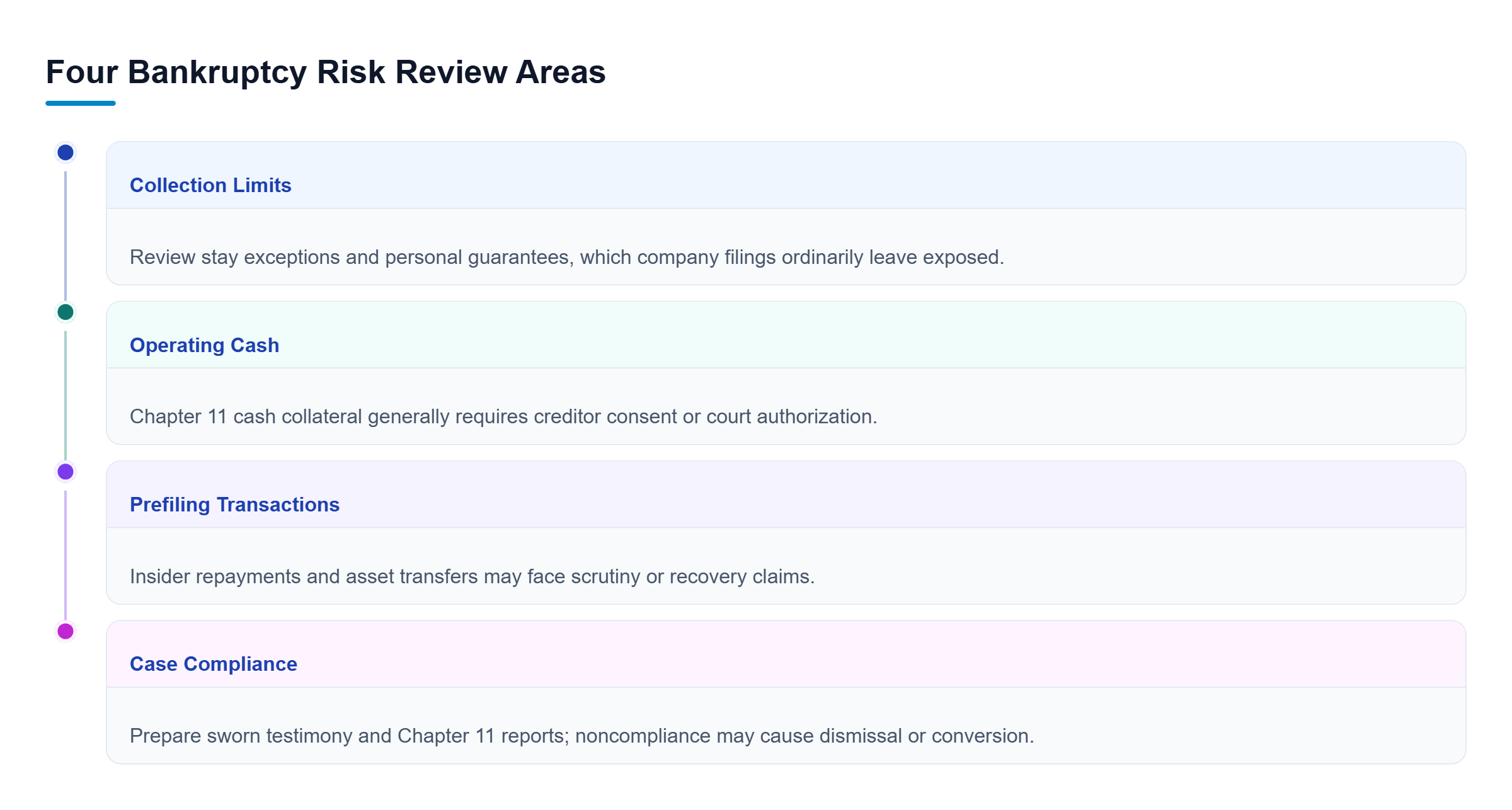 Diagram: Four parallel areas cover stay exceptions and guarantors, cash collateral approval, transfer scrutiny, and testimony and reporting duties.