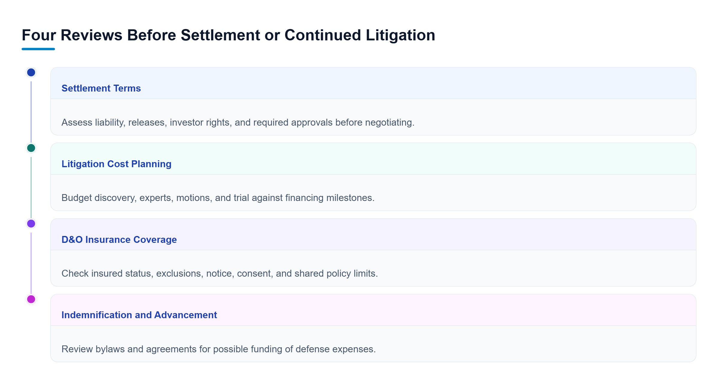 Diagram: Four parallel reviews cover settlement terms and approvals, projected litigation costs, D&O insurance coverage, and indemnification or advancement rights.