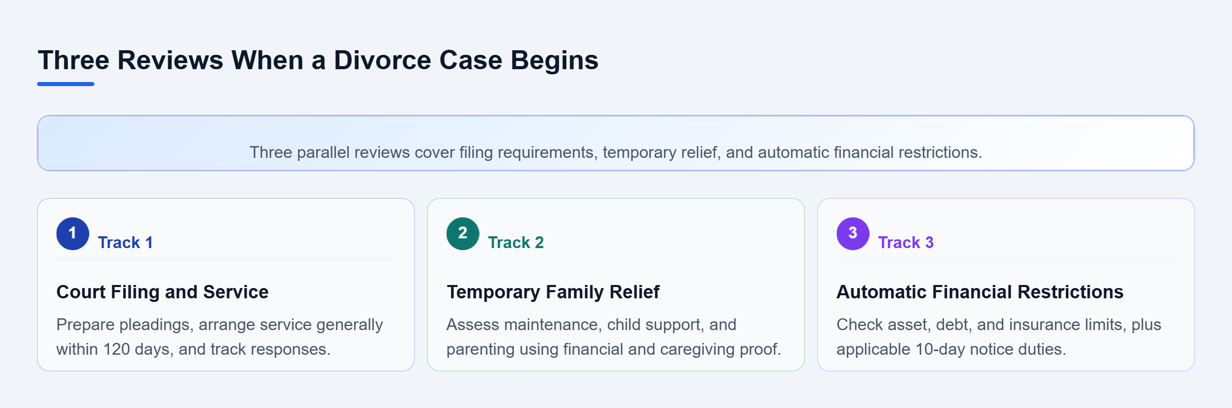 Diagram: Three parallel review tracks: court filing and service deadlines, temporary support or parenting orders, and restrictions on assets, debt, insurance, and required notices.