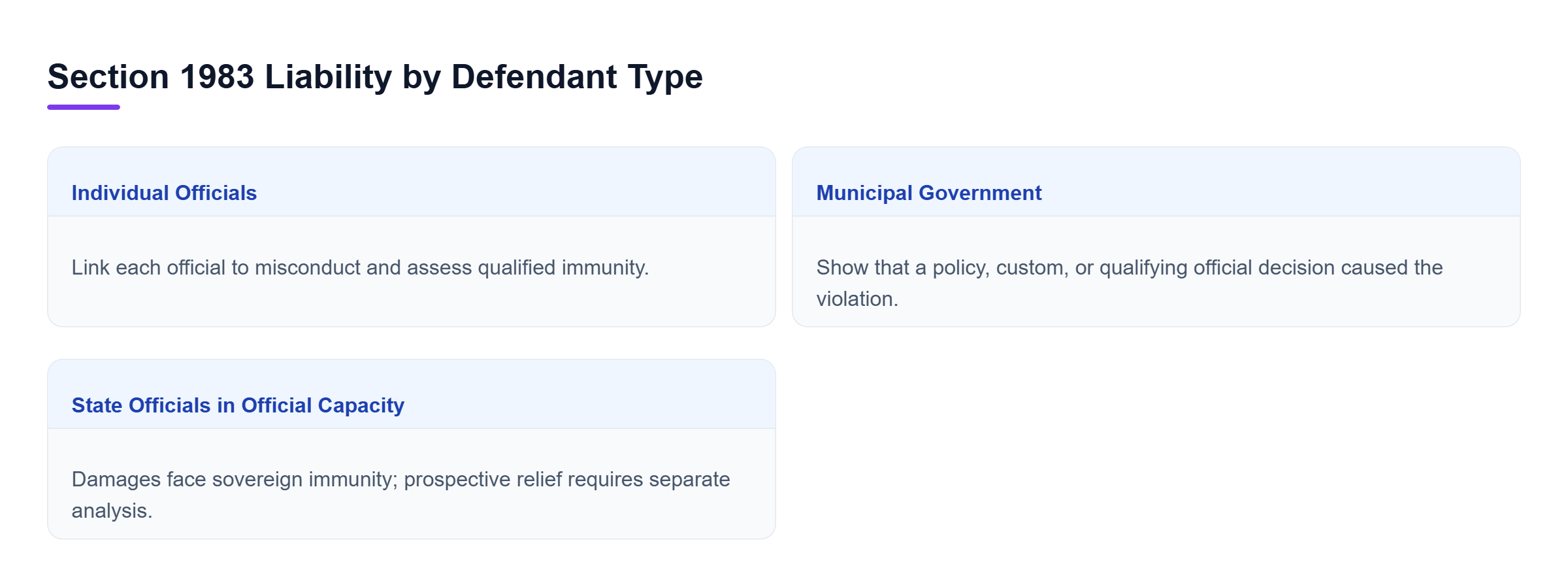 Diagram: Comparison of individual officials, municipalities, and state officials in their official capacities, showing the distinct liability requirements and immunity issues.
