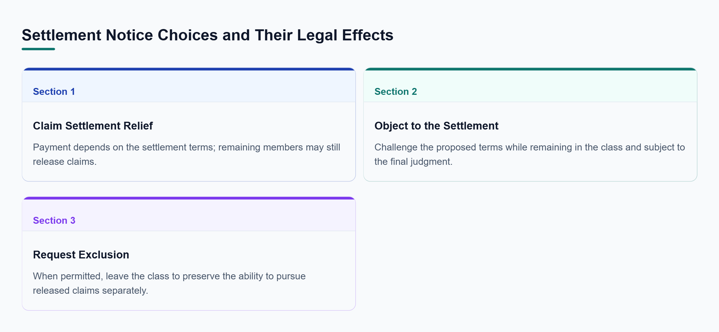 Diagram: Three settlement options: claim relief under the approved plan, object while remaining in the class, or request exclusion when permitted to preserve separate claims.