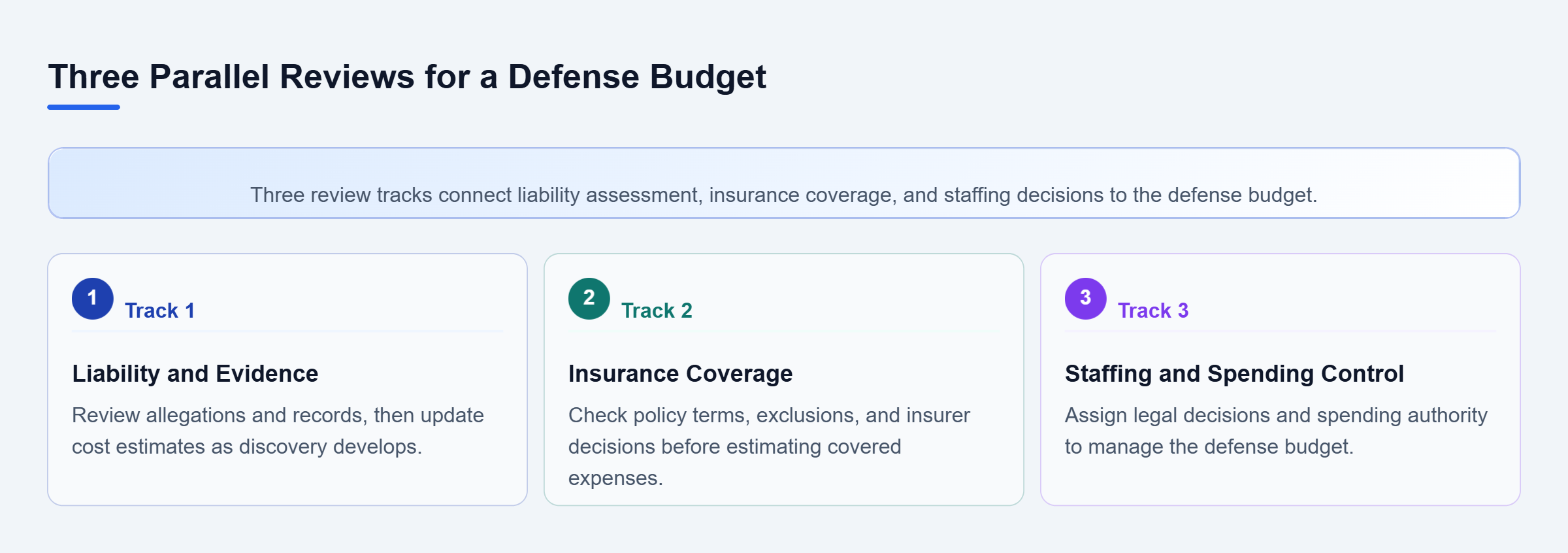 Diagram: Three parallel budget reviews: examine allegations and evidence to estimate liability risk, assess insurance coverage, and assign staffing and spending authority.