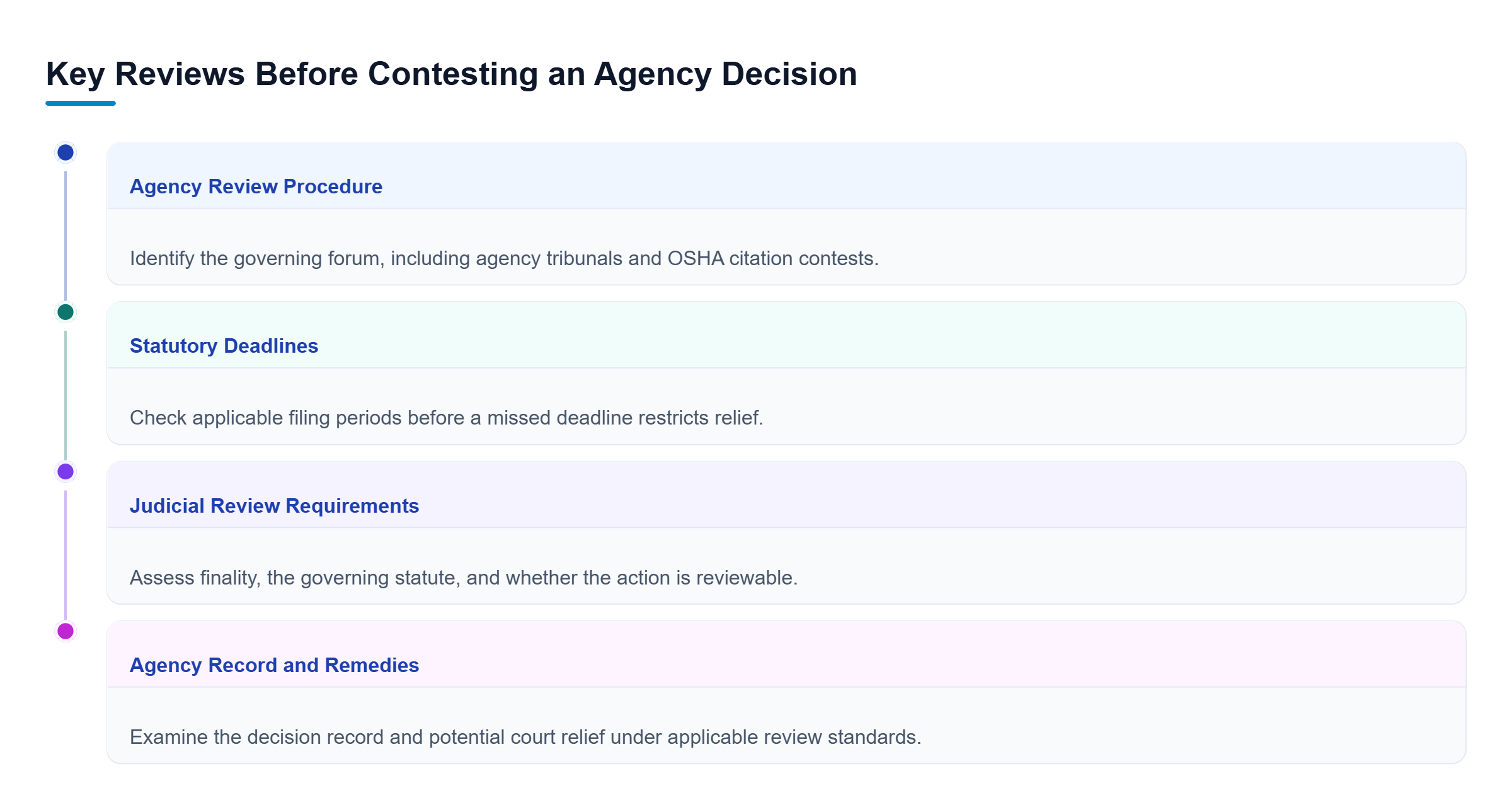 Diagram: Four parallel reviews cover agency-specific procedures, statutory deadlines, judicial review requirements, and remedies when challenging federal agency decisions.