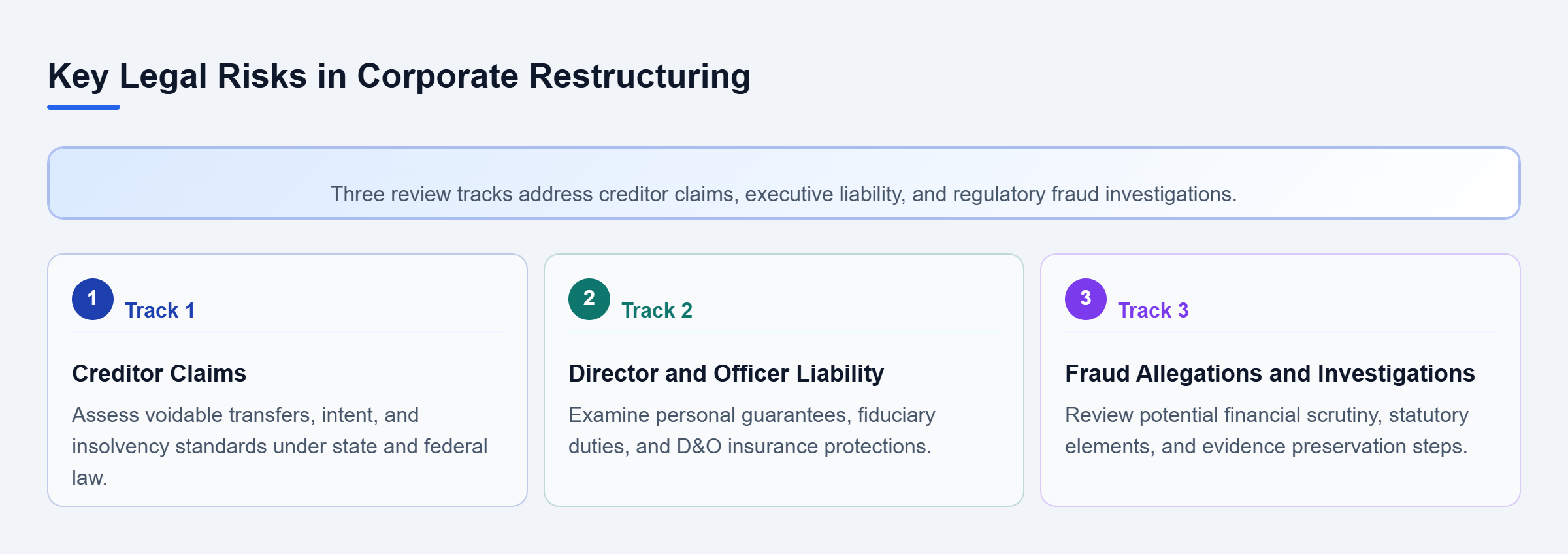 Diagram: Vertical checklist showing three parallel review tracks for creditor claims, director liability, and regulatory investigations.