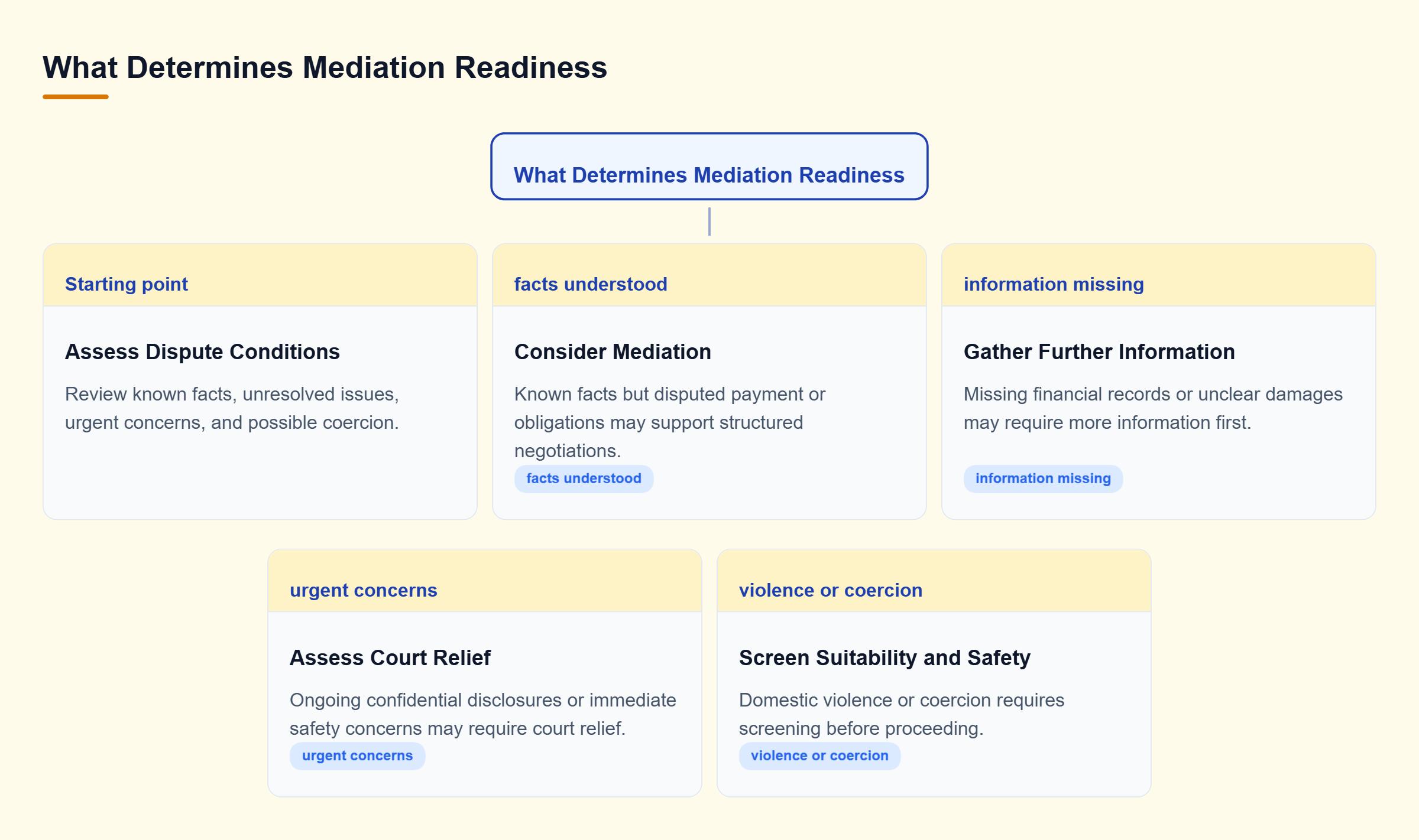 Diagram: Dispute conditions point to mediation, further information, possible court relief, or suitability and safety screening.