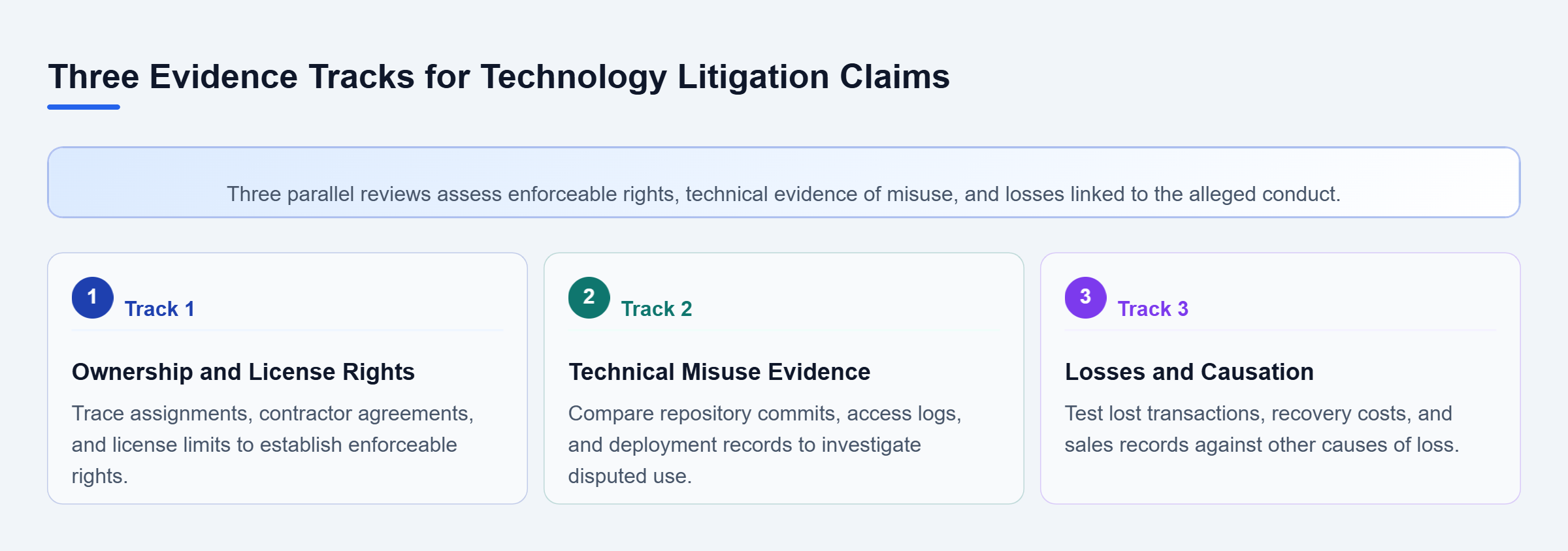 Diagram: Three parallel evidence tracks examine ownership through assignments and licenses, alleged misuse through technical records, and damages through financial records and causation analysis.
