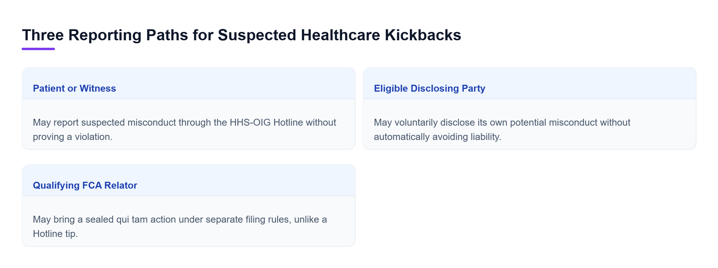 Diagram: Three parallel paths compare HHS-OIG Hotline complaints by patients or witnesses, voluntary self-disclosure by eligible parties, and sealed False Claims Act lawsuits by qualifying relators.