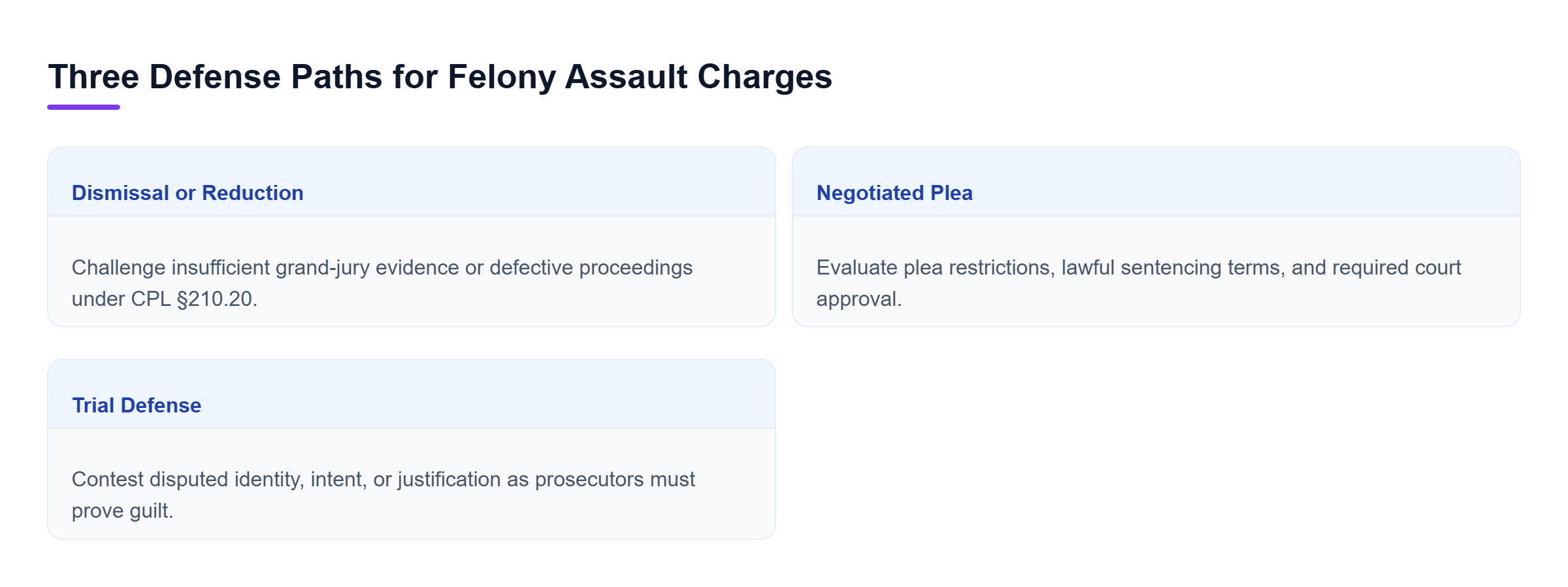 Diagram: Three defense paths: challenge an indictment for dismissal or reduction, negotiate a legally permitted plea, or contest the charges at trial.