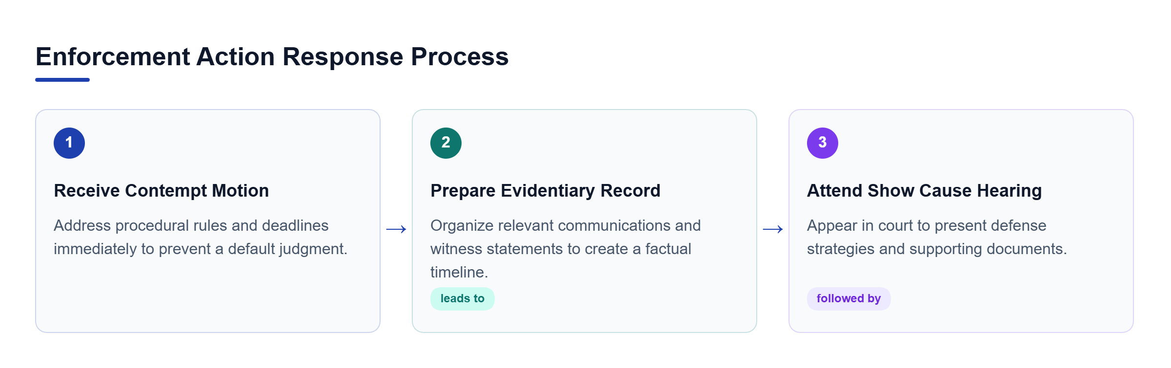 Diagram: A horizontal process flow showing three steps: receiving the motion, preparing evidence, and attending the show cause hearing.