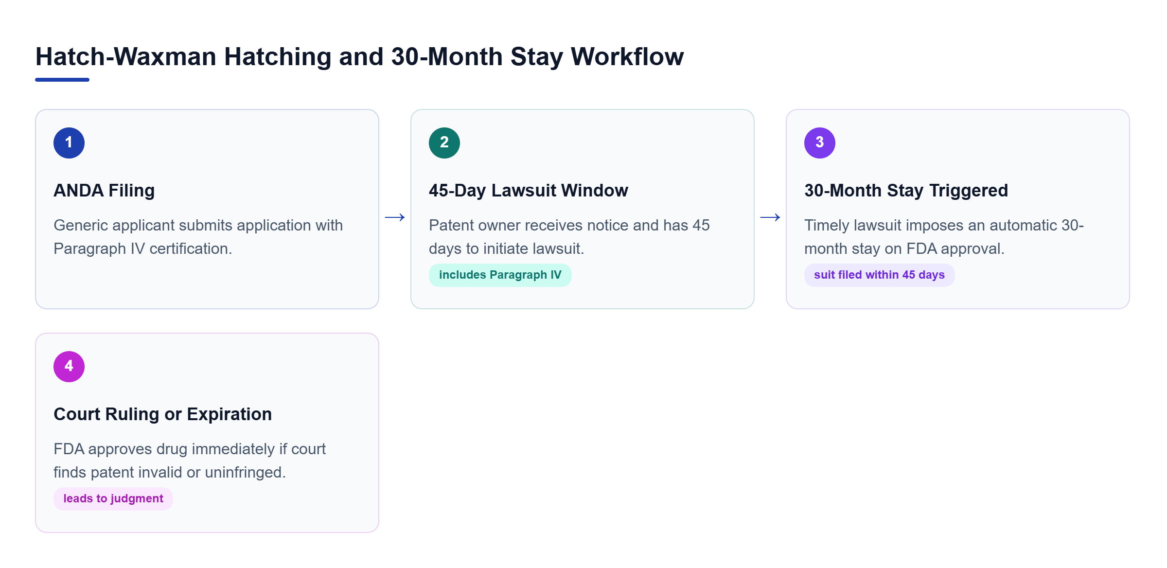 Diagram: Process flow showing generic ANDA filing, Paragraph IV notice, 45-day suit window, 30-month stay, and FDA judgment outcome.