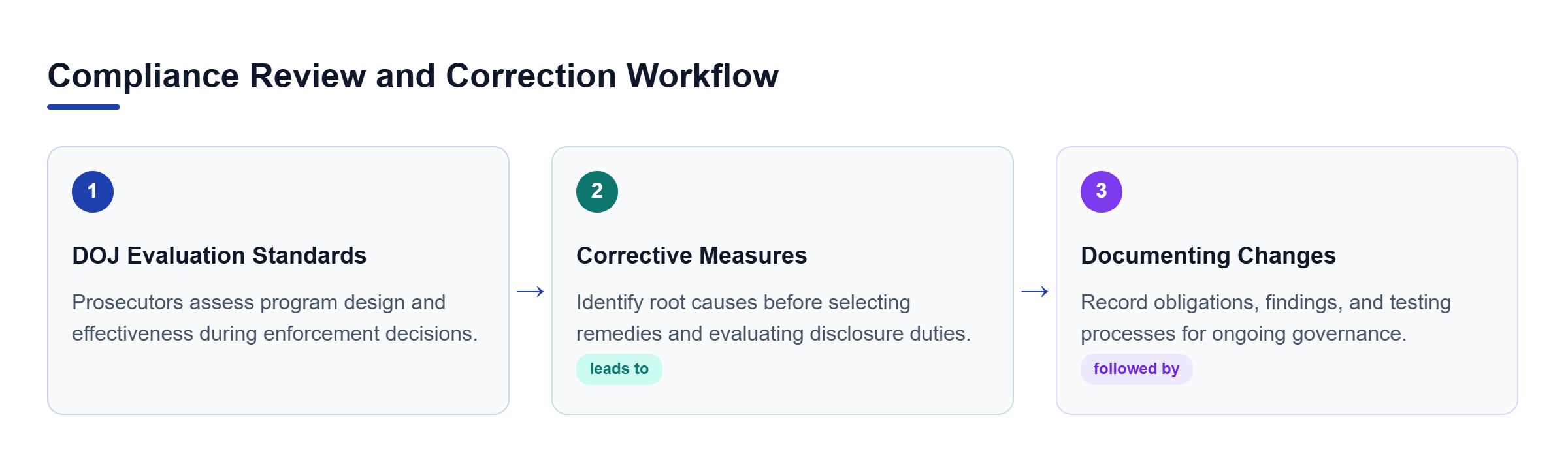 Diagram: Process flow showing DOJ evaluation standards leading to corrective measures and documented follow-up changes.
