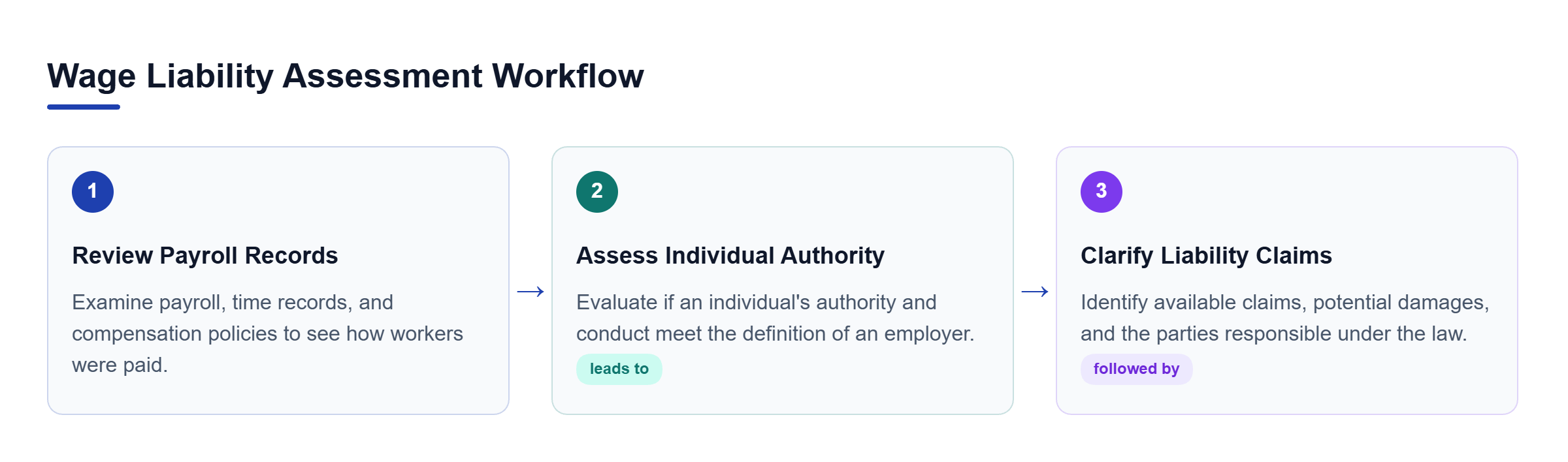 Diagram: A horizontal process flow starting with record review, leading to authority assessment, and concluding with clarification of claims and damages.