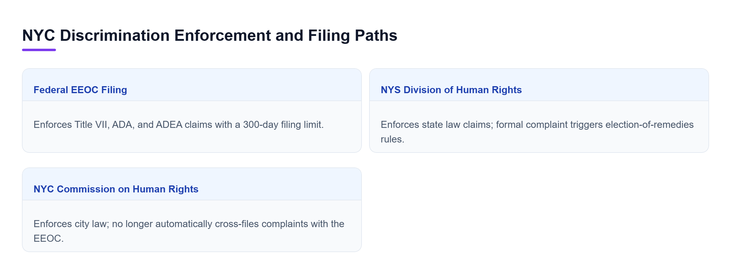 Diagram: Comparison of federal EEOC, state NYSDHR, and city CCHR filing frameworks for NYC employment discrimination claims.