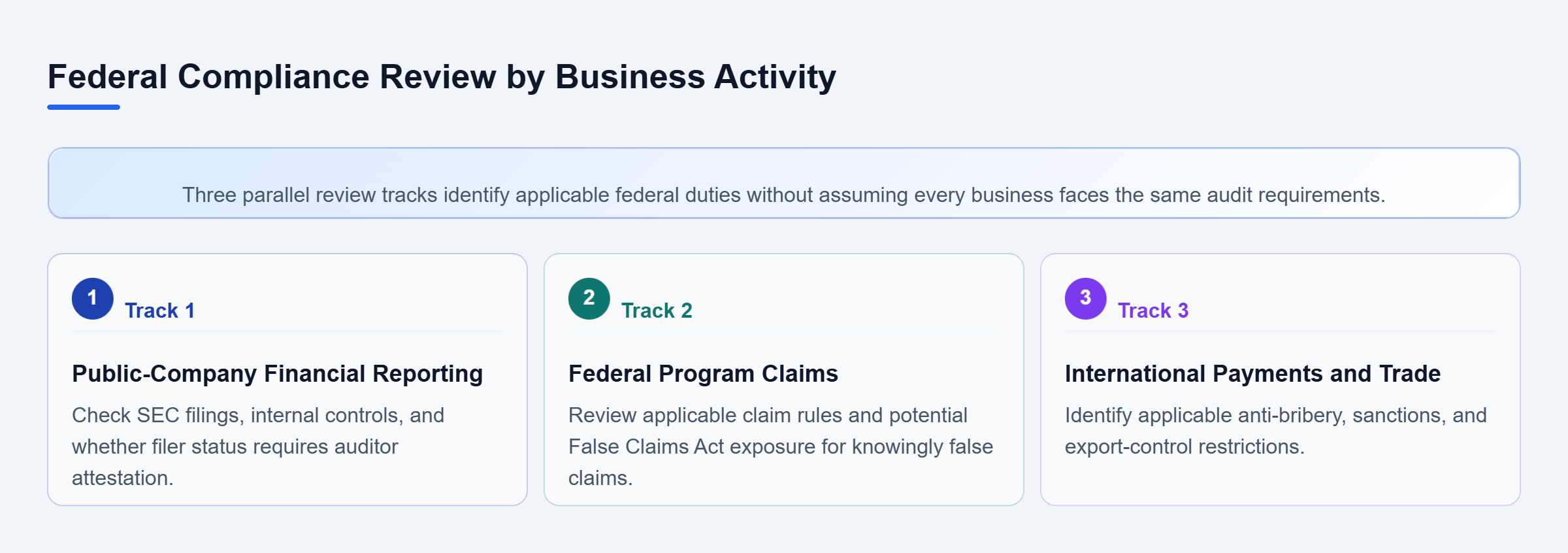 Diagram: Three independent compliance review tracks cover public-company financial reporting, claims submitted to federal programs, and international transactions, with distinct applicable federal req