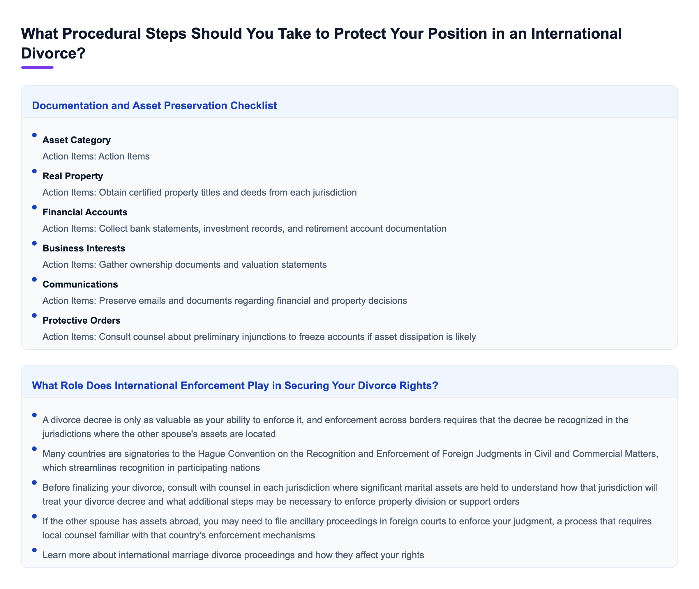Diagram: What Procedural Steps Should You Take to Protect Your Position in an International Divorce?