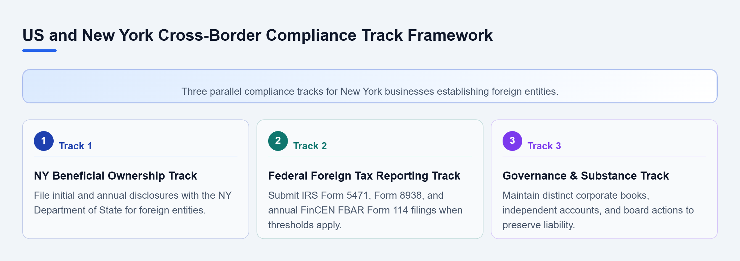 Diagram: Diagram showing three parallel compliance tracks: NY Beneficial Ownership Disclosures, Federal Tax Asset Reporting, and Corporate Governance Substance.