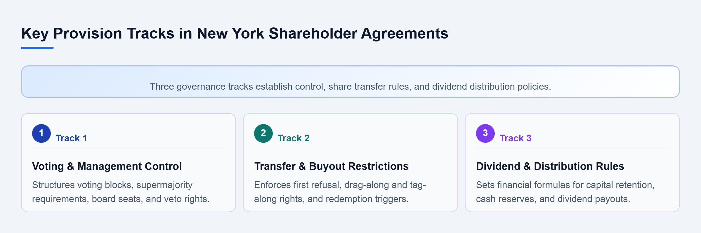 Diagram: Overview of three core provisions in New York shareholder agreements: voting controls, transfer restrictions, and dividend distribution policies.