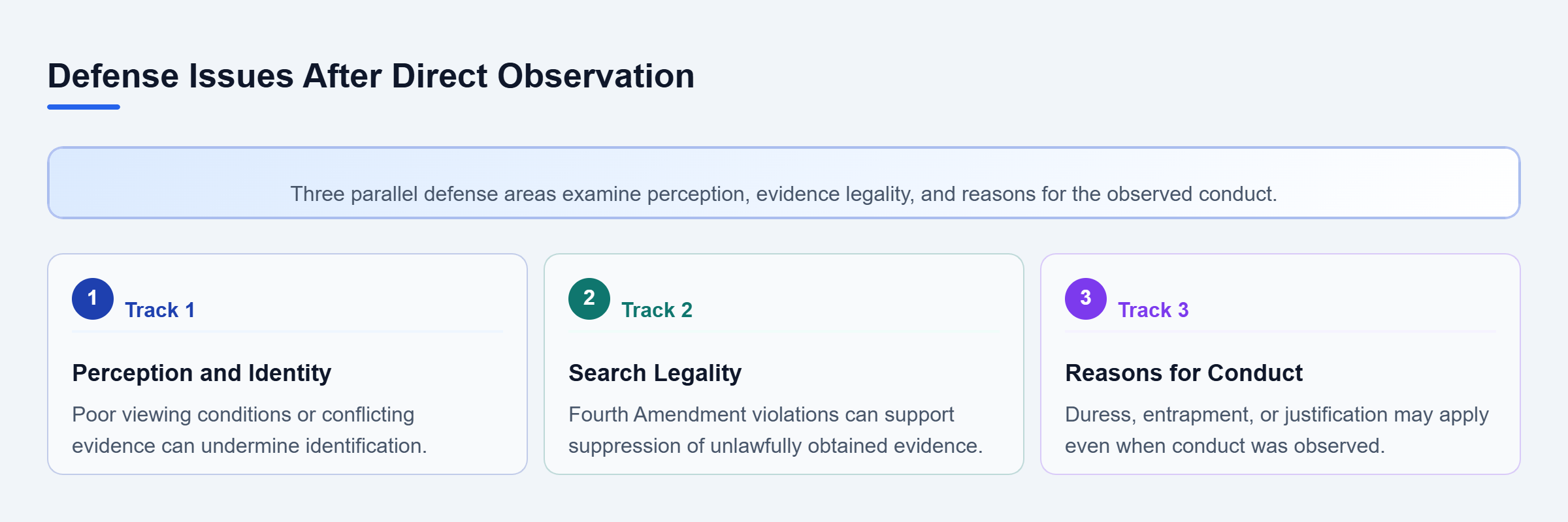 Diagram: Three parallel defense areas address mistaken identification, unlawful searches, and defenses based on coercion, inducement, or justification.