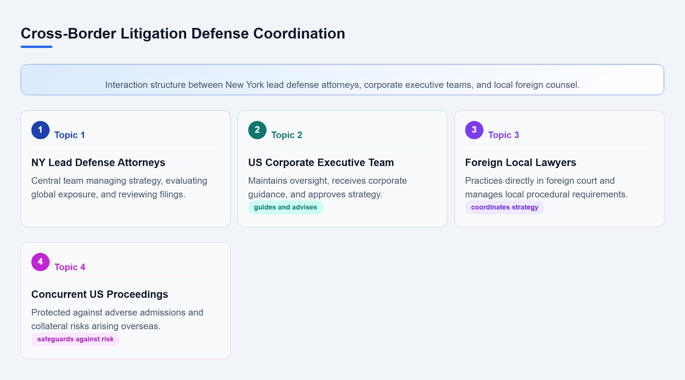 Diagram: Relationship map showing NY lead defense attorneys acting as a central hub coordinating with US corporate executive teams, foreign local lawyers, and concurrent US proceedings.
