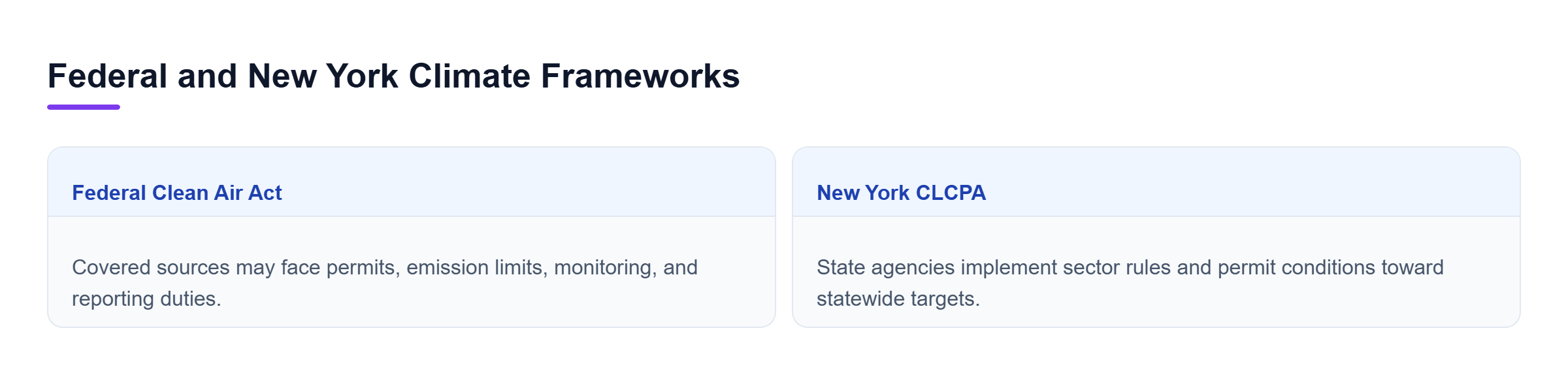 Diagram: Comparison of federal Clean Air Act requirements and New York CLCPA mandates that may apply to businesses operating in New York.