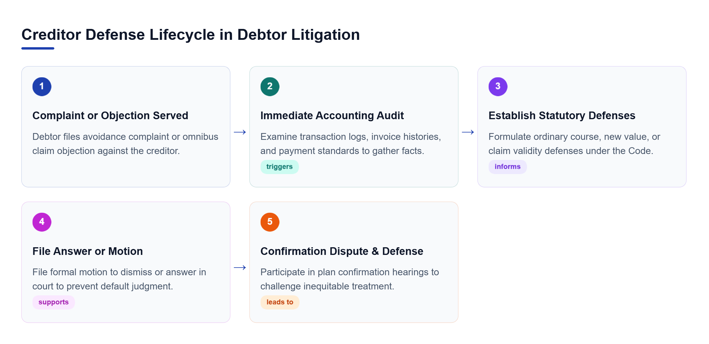 Diagram: Process flow from complaint or objection service, through accounting audit and statutory defense framing, to plan confirmation litigation.