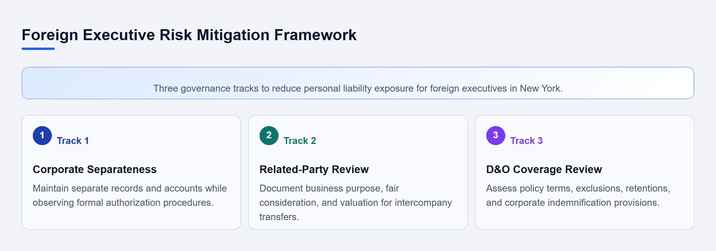 Diagram: Flowchart showing three parallel governance tracks: corporate separateness, related-party transaction review, and D&O insurance evaluation.