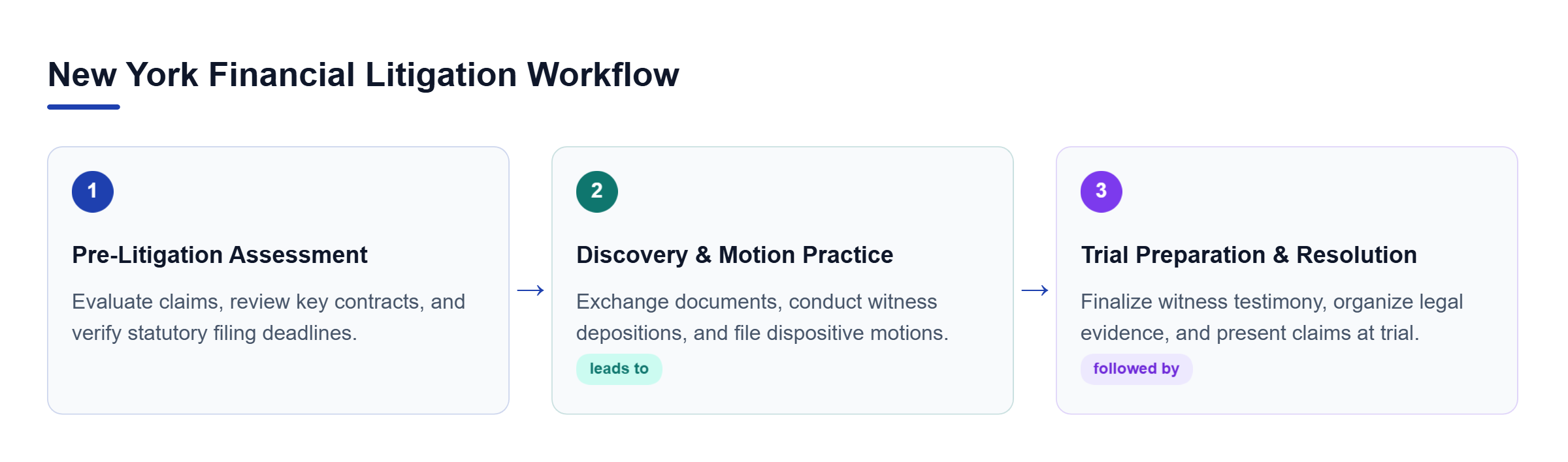 Diagram: Flowchart showing three stages: Pre-Litigation Assessment, Discovery and Motion Practice, and Trial Preparation.