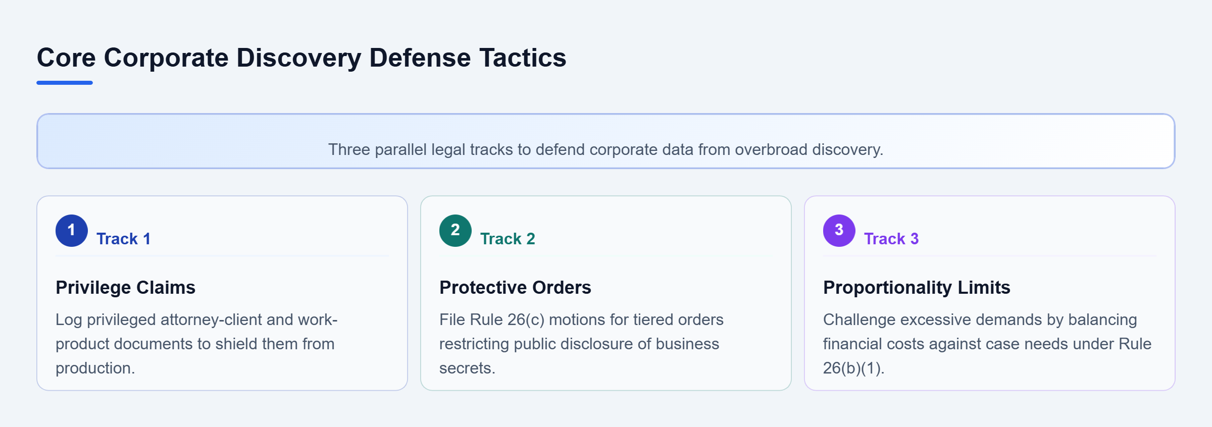 Diagram: Three parallel defense tracks showing privilege logs, Rule 26 protective orders, and Rule 26 proportionality arguments.