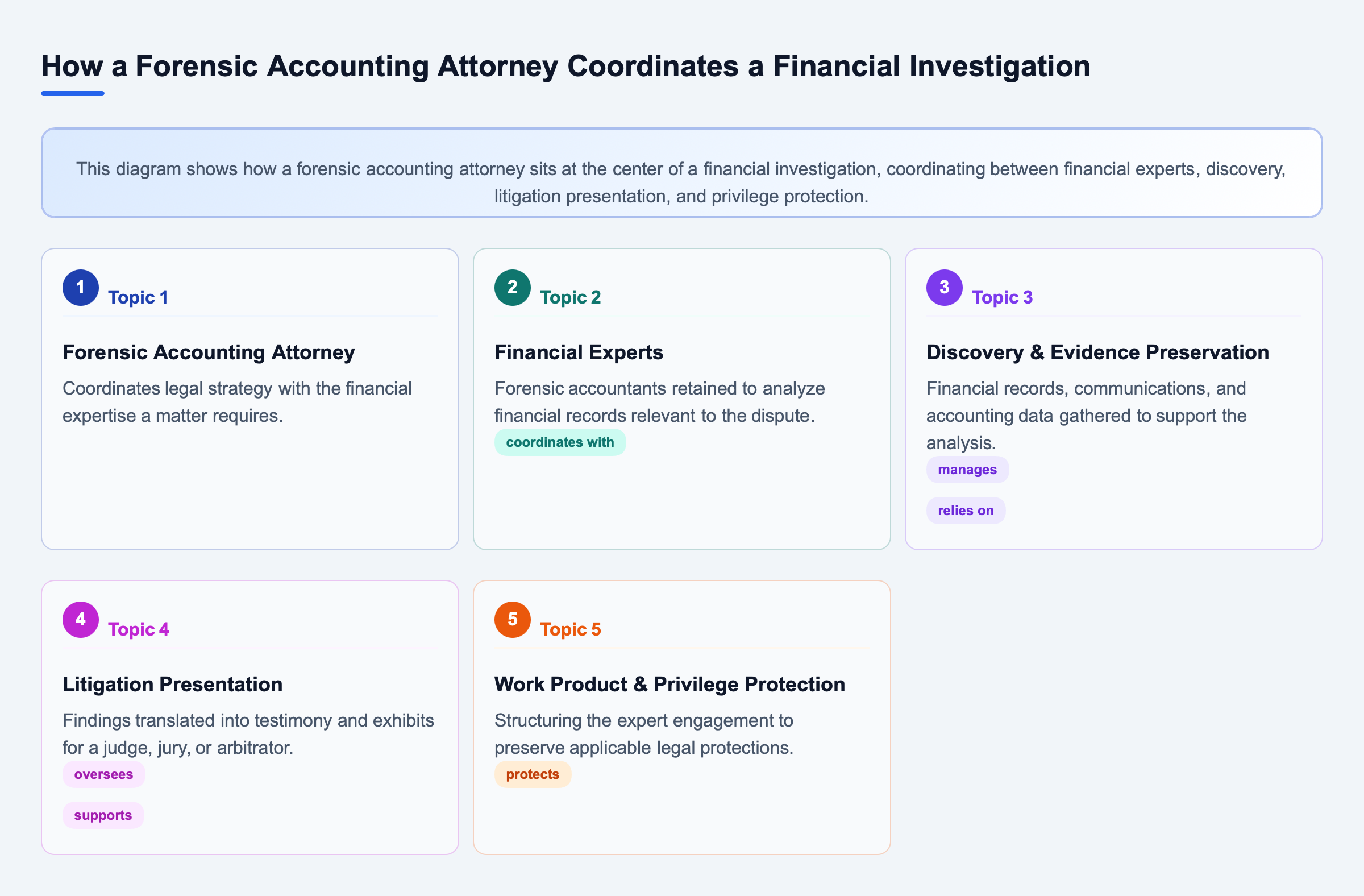 Diagram: Relationship map showing a forensic accounting attorney at the center, connected to coordination with financial experts, discovery and evidence preservation, litigation presentation of findin